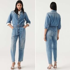 NWT BA&SH Frida Denim Jean Belted Collared Patch Pocket Jumpsuit Size Large